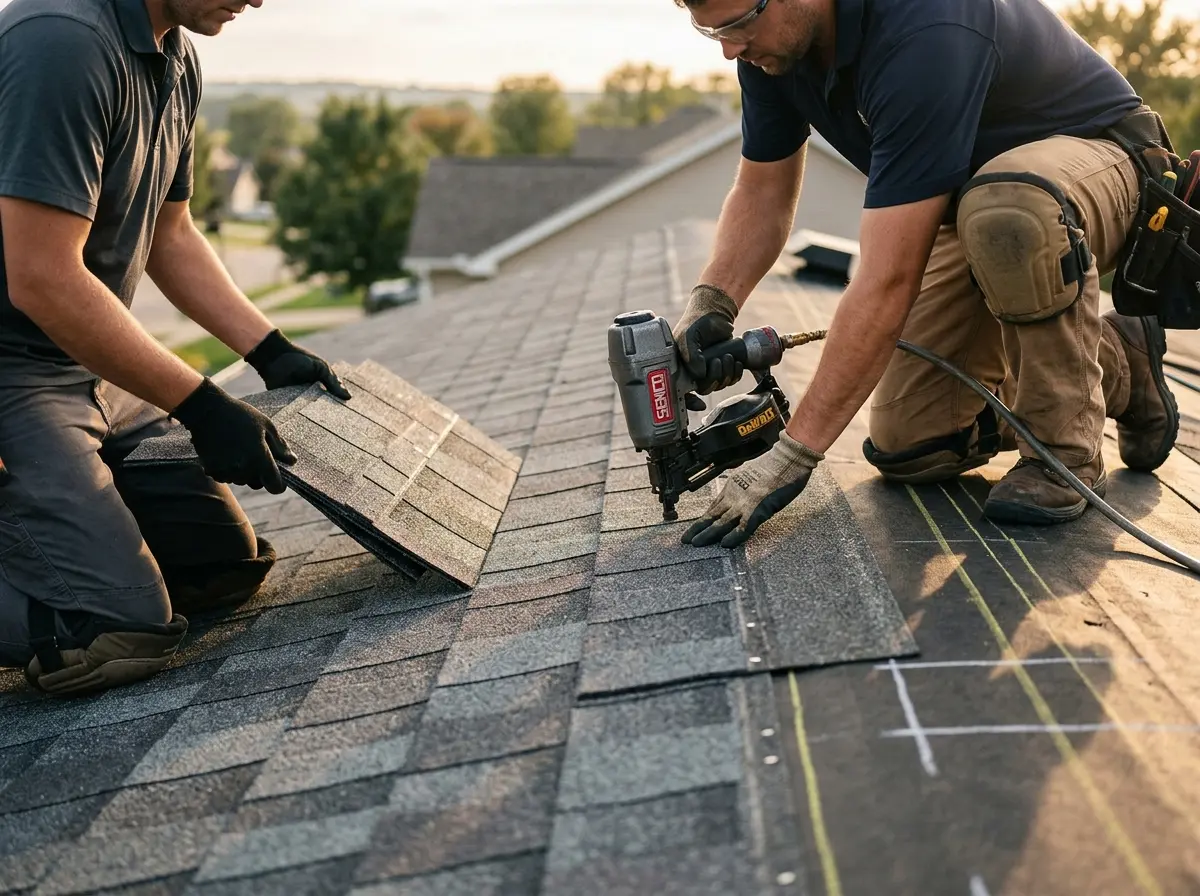 Professional roofer working on a residential roof in Leitchfield